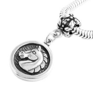 HORSEHEAD MEDALLION WITH EURO BEAD CHARM IN STERLING SILVER.